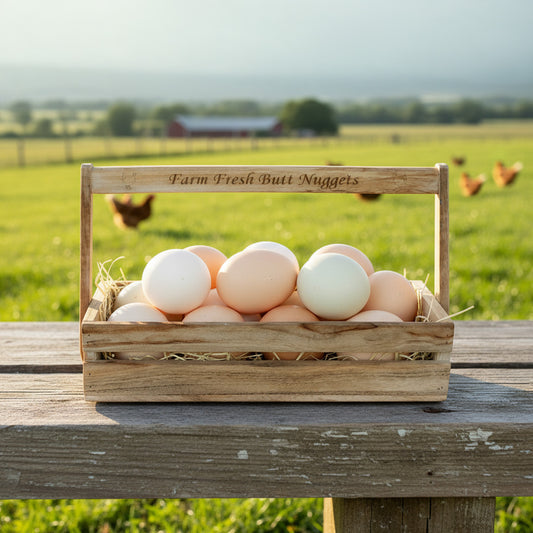 Timber basket with a handle that is laser engraved with Farm Fresh Butt Nuggets across the handle. The rest of the picture includes farm fresh eggs in the basket with a field and chickens in the background